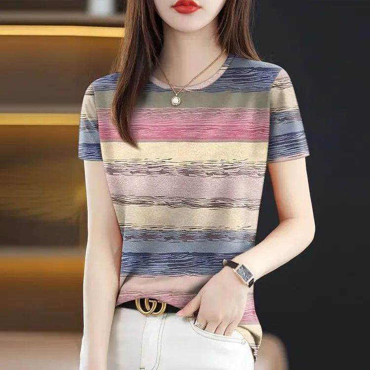 时尚女士T恤短袖2025夏季新款圆领套头洋气复古宽松上衣爆款潮流