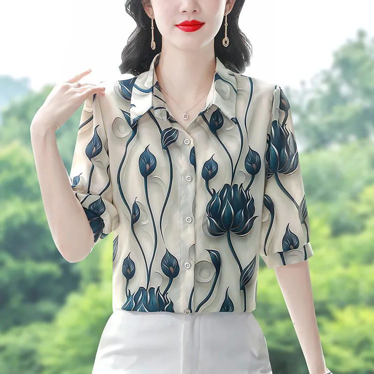 现货杭州重磅衬衫女士2025新款上衣妈妈中袖洋气衬衣
