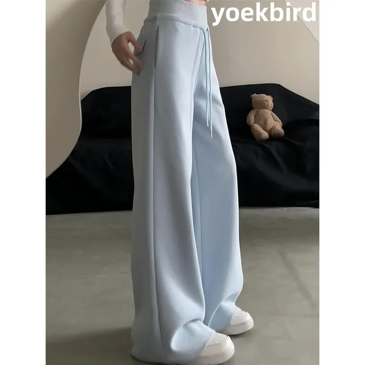 天蓝色美式运动裤女夏季新款高腰垂感休闲直筒裤宽松显瘦阔腿卫裤