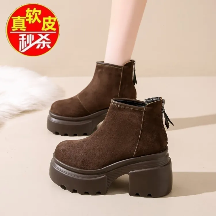 品牌断码真皮厚底休闲保暖马丁靴女秋冬新款粗跟勃肯雪地靴短靴女