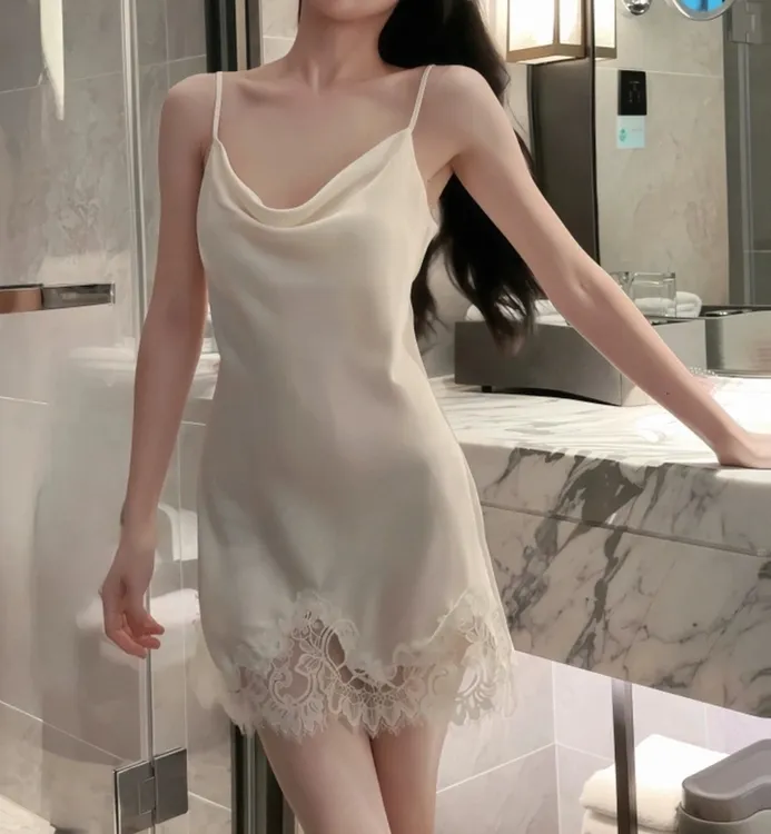 【栀子花开】短款女士纯色荡领睡裙固定杯垫吊带裙薄款蕾丝家居服