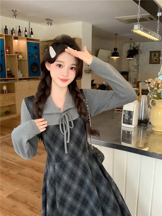 大码 格子假两件连衣裙女2025秋季新款收腰拼接长袖中长款裙子