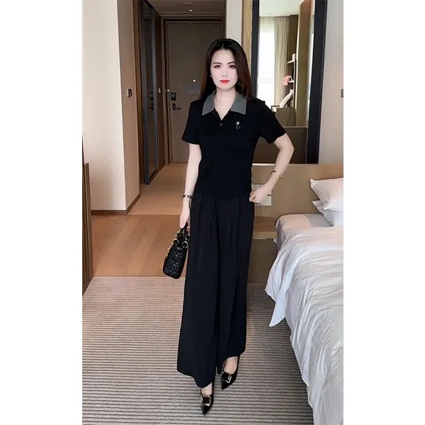 时尚套装女夏季显瘦T恤小众减龄方领短袖花边短上衣阔腿裤两件套