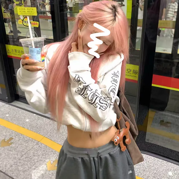 复古欧美哥特风侧边印花短款卫衣女秋季辣妹休闲连帽嘻哈上衣外套