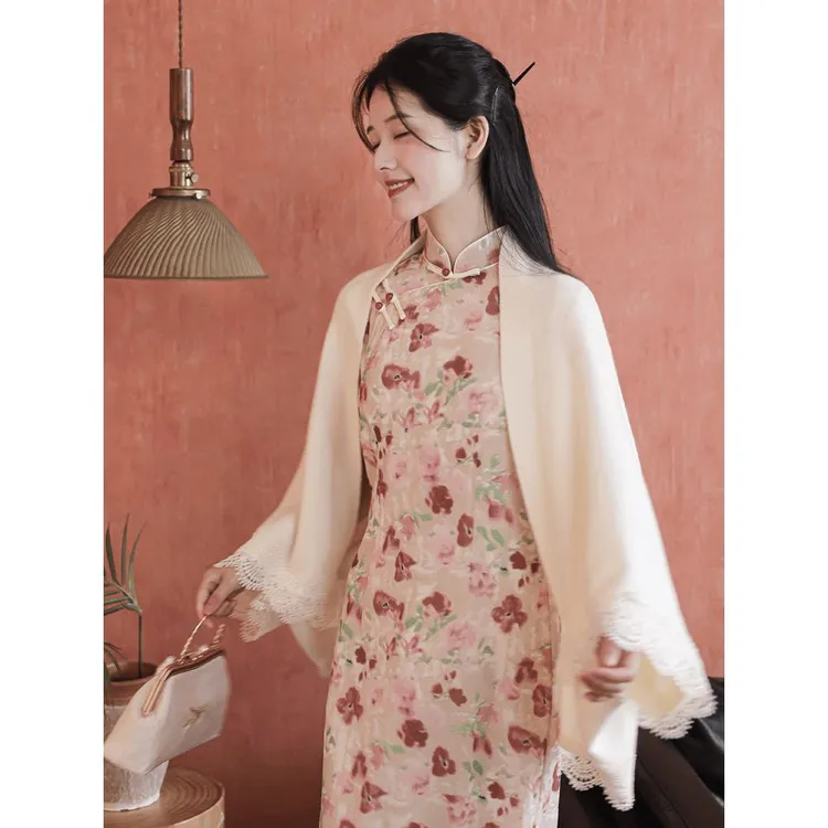小清新旗袍连衣裙披肩开衫外搭2025秋冬女中国风复古针织百搭外搭