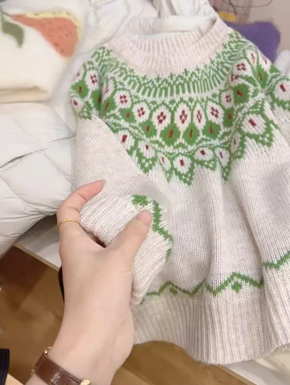 七言家氛围感穿搭！#象牙米复古费尔岛软糯加厚毛衣031@