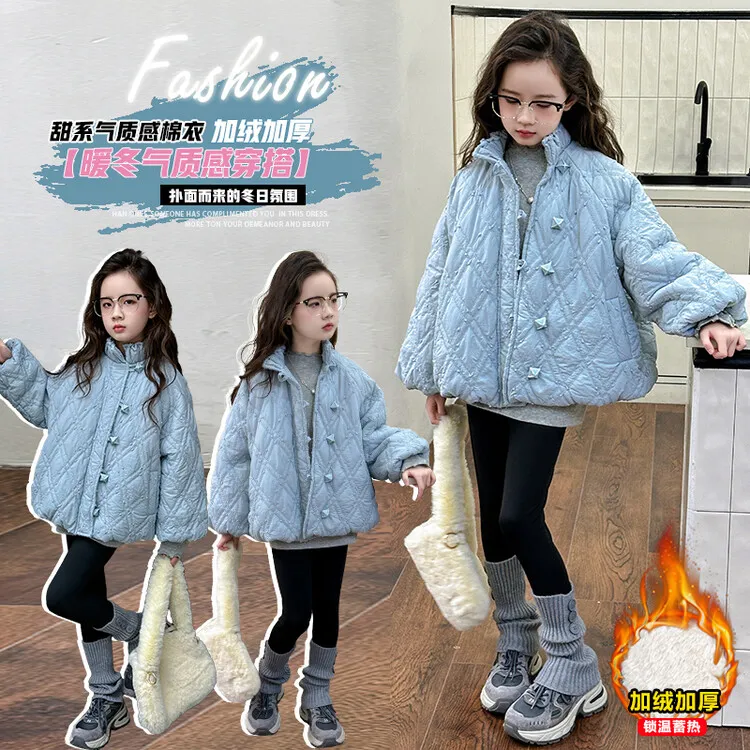 女大童加绒外套秋冬装新款冬季女孩加厚棉服一体绒洋气潮童外套
