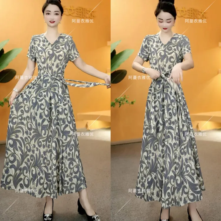 【衣雅严选】8068-1969#夏季新款冰雪丝V领系带高腰大摆连衣裙