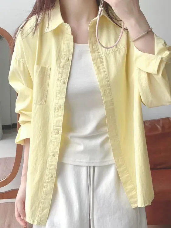 小个子长袖纯棉奶呼呼黄色衬衫女初秋洋气上衣女外穿叠穿百搭外套