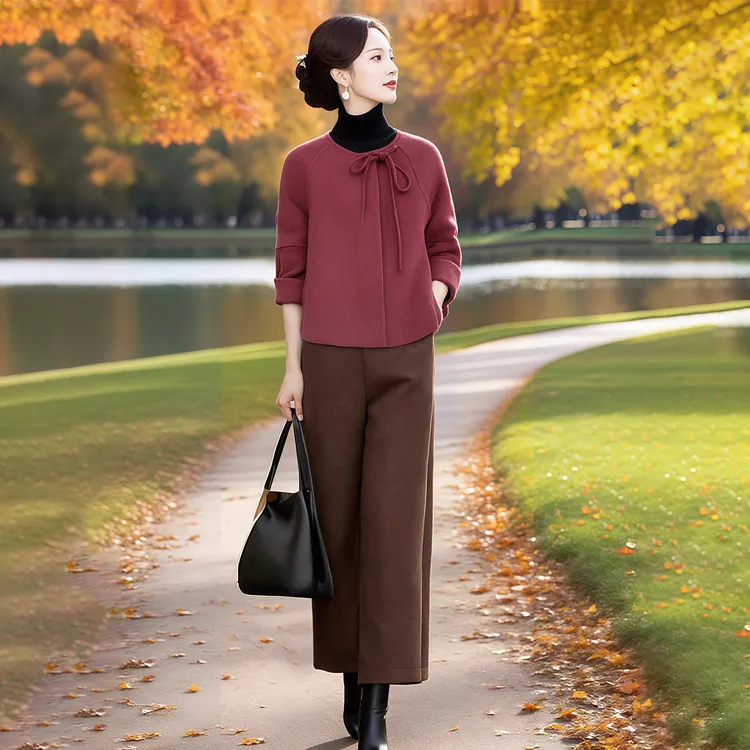 高级感气质双面呢大衣高腰阔腿裤2025秋冬新款宽松气质时尚套装潮