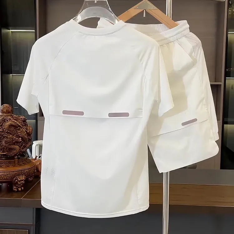 欧洲站新款男时尚透气速干高弹运动套装简约百搭短袖上衣凉感短裤