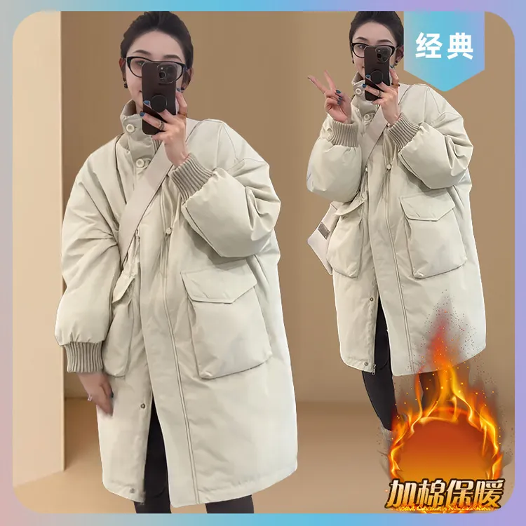 欧货中长款秋冬季加厚保暖棉衣2025新款韩版宽松收腰口袋棉服外套