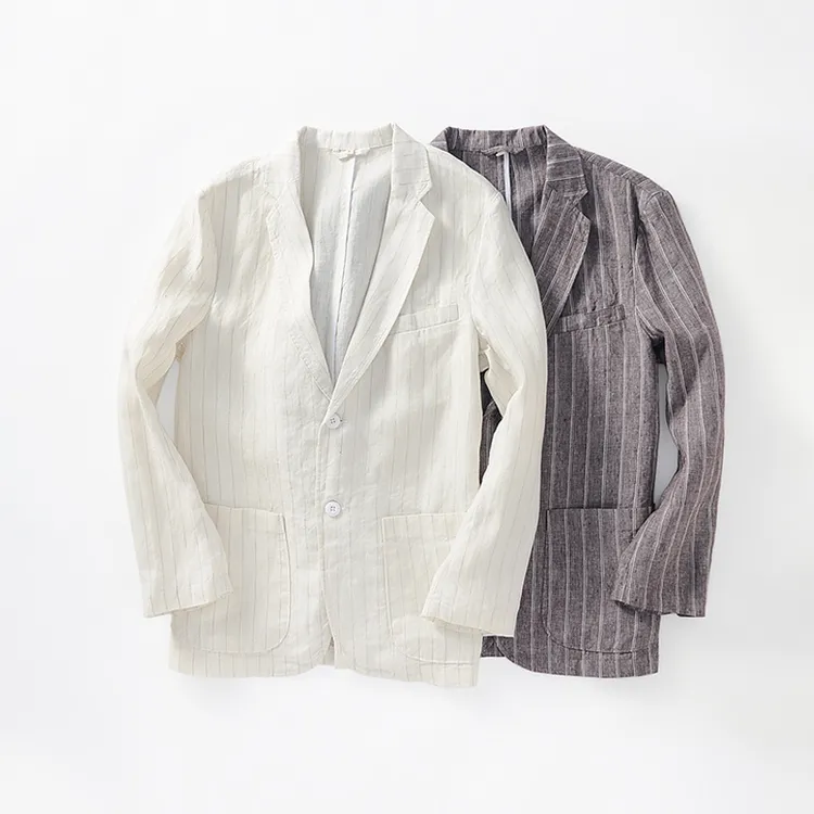 男士韩版亚麻西装条纹休闲小外套男式休闲西装透气小西装薄款秋季