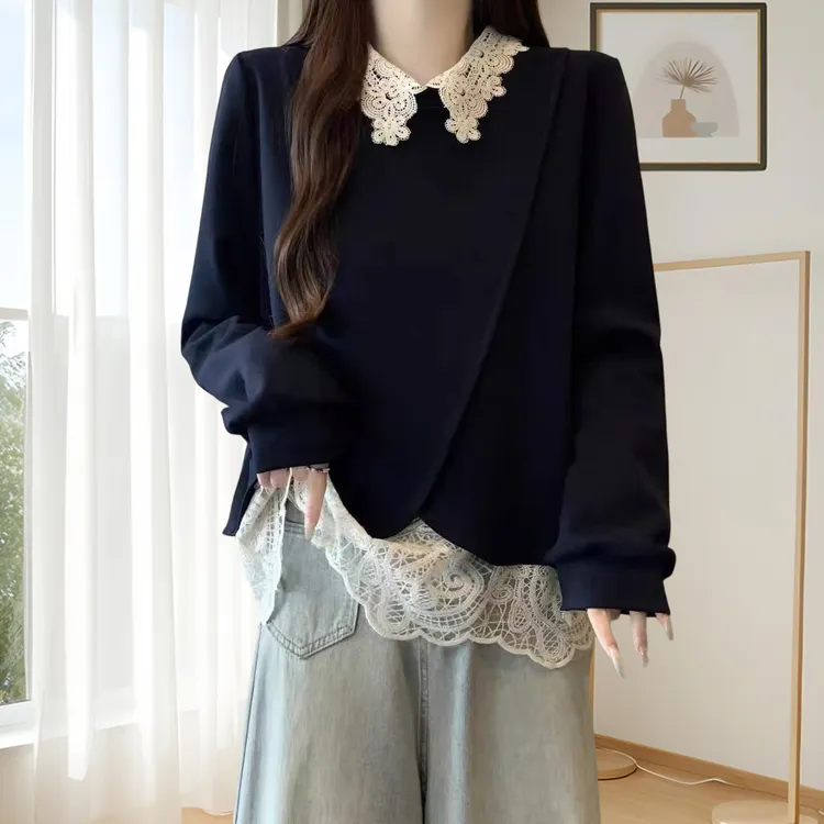 流行时尚潮牌女装蕾丝拼接假两件女潮宽松版韩版卫衣2025新款秋冬