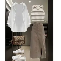 春季穿搭一整套装女2025新款韩版衬衫条纹吊带配牛仔半身裙三件套