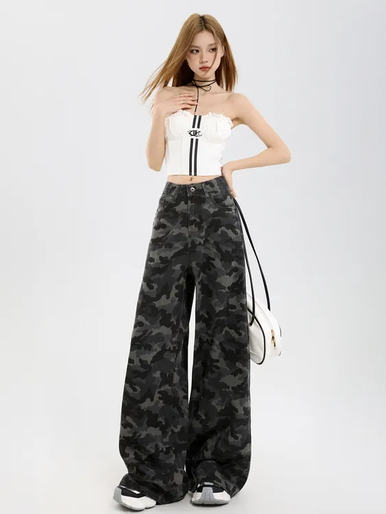 美式高腰宽松迷彩工装裤女2025年秋季新款百搭时尚显瘦阔腿牛仔裤