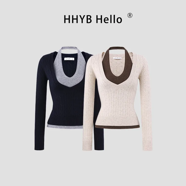 HHYB Hello撞色挂脖V领假两件修身针织衫女百搭打底衫上衣M1427