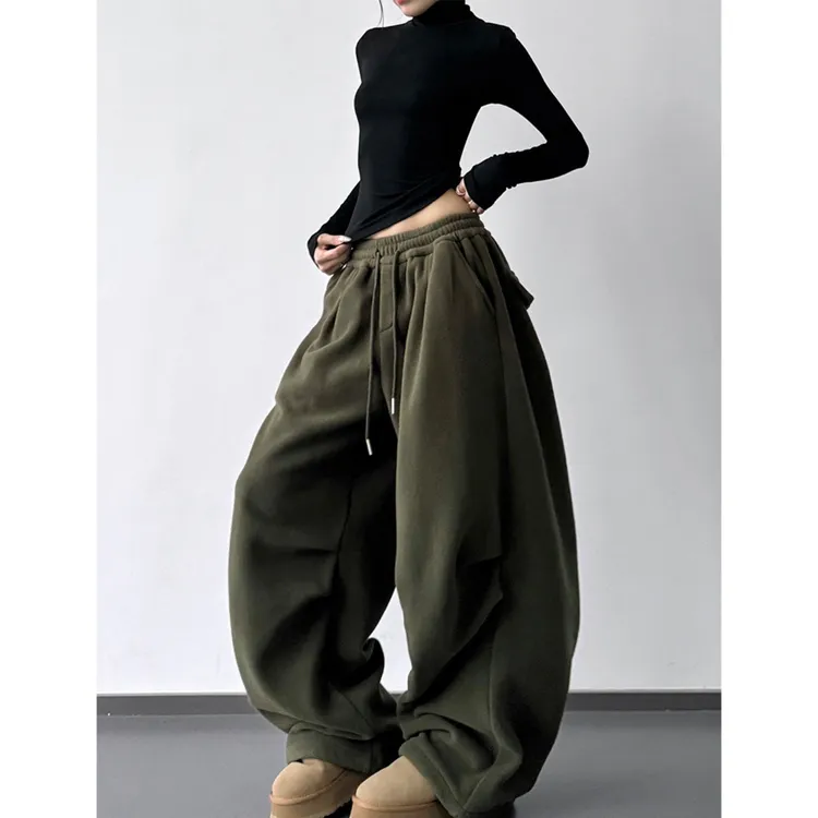 爆款女装军绿色工装裤女2025冬季新款宽松百搭系带高个子休闲裤