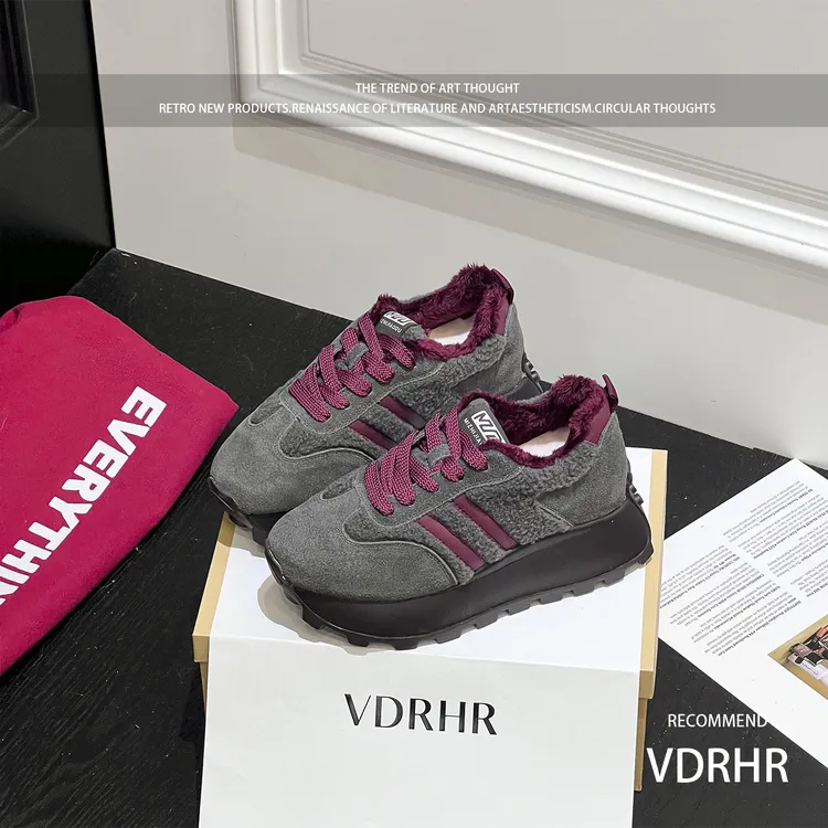 厚底增高毛毛德训鞋2025秋冬新款真皮加绒百搭休闲阿甘鞋女运动鞋