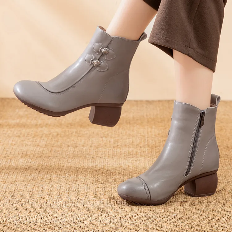 89567真皮秋冬季民族风中跟妈妈鞋加绒短靴女中老年百搭软底女靴