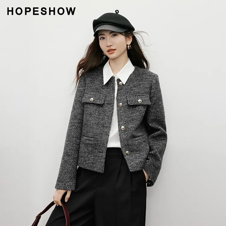红袖2025冬女装 香风粗花呢正肩长袖圆领短款箱型外套90125360401