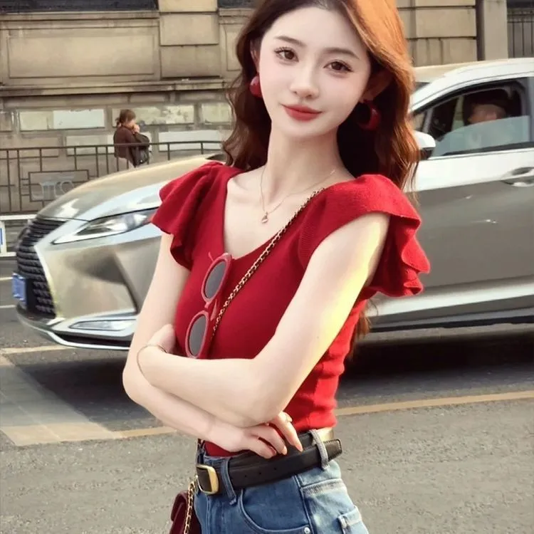 红色V领短袖针织衫正肩T恤女夏季修身显瘦纯欲辣妹小飞袖短款上衣