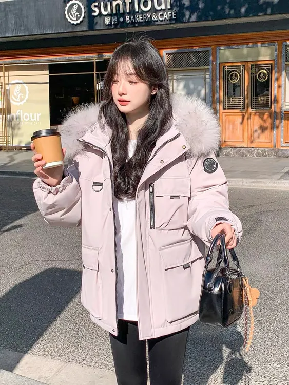 韩版冬季连帽宽松女时尚加厚短款情侣大毛领中长款潮流外套