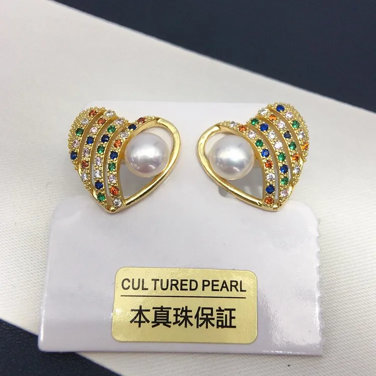 复古彩色锆石爱心天然淡水珍珠耳钉女珍珠耳环时尚个性耳饰