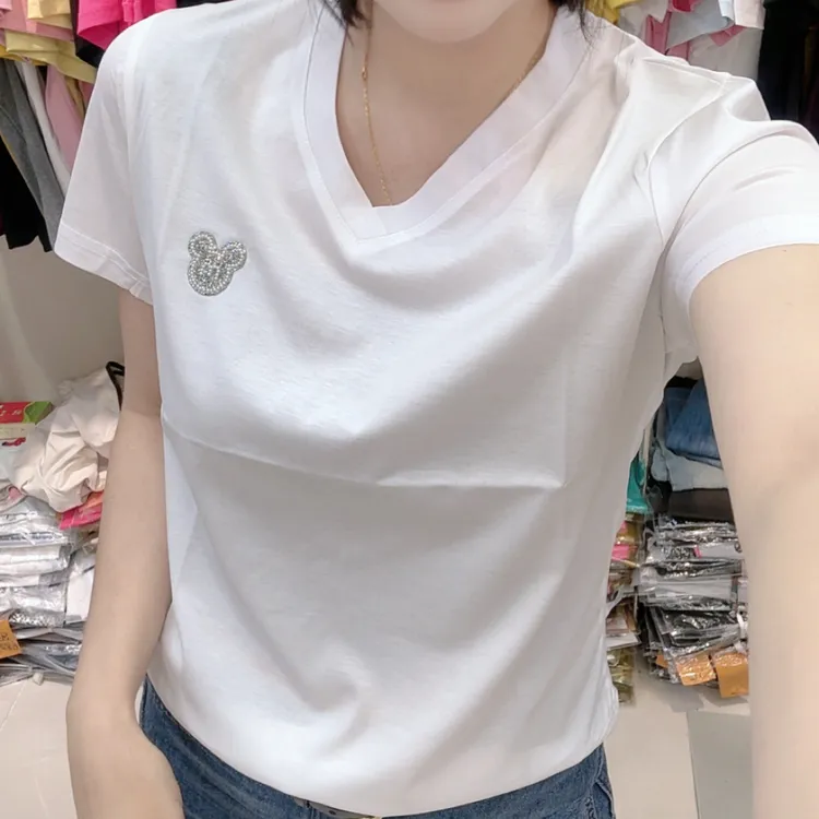 丝光棉上衣V领米奇新款2026夏弹力百搭显瘦减龄女t