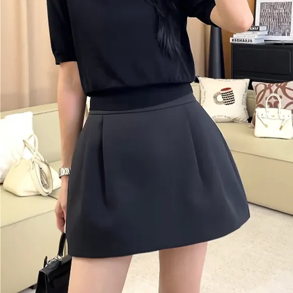 【一比Eby】花苞褶皱短裙a字半身裙休闲高腰显瘦小黑裙女251377#