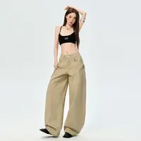 【全额运补】卡其色美式复古设计感大口袋弯刀牛仔裤女拖地阔腿裤