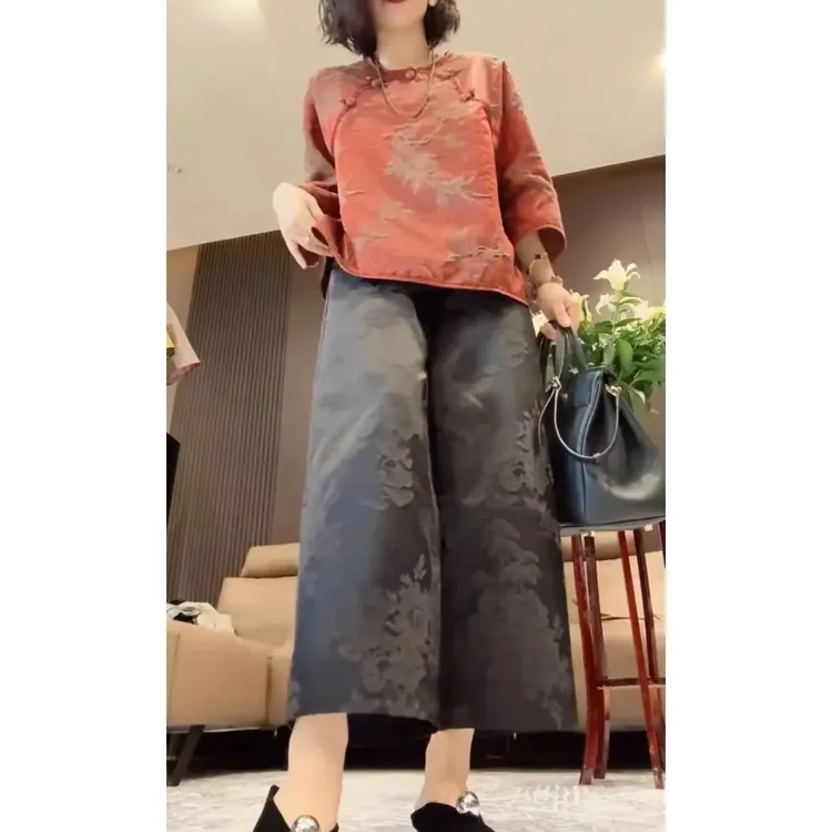 橘红色新中式蜗牛扣气质上衣+裤子套装女秋季中国风复古外出游玩