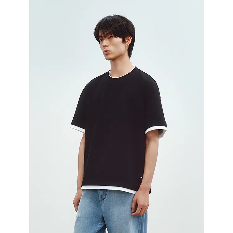 GXG男装圆领T恤假两件设计双色短袖25夏季新品#G25D442333