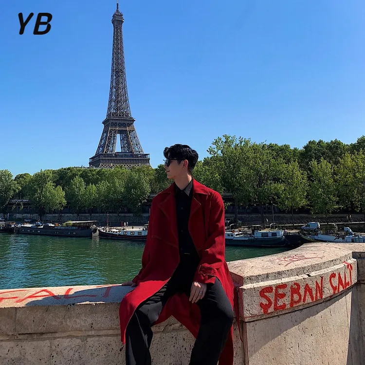 结婚男士风衣红色秋季时髦气长款明线立体裁剪宽松复古大衣外套