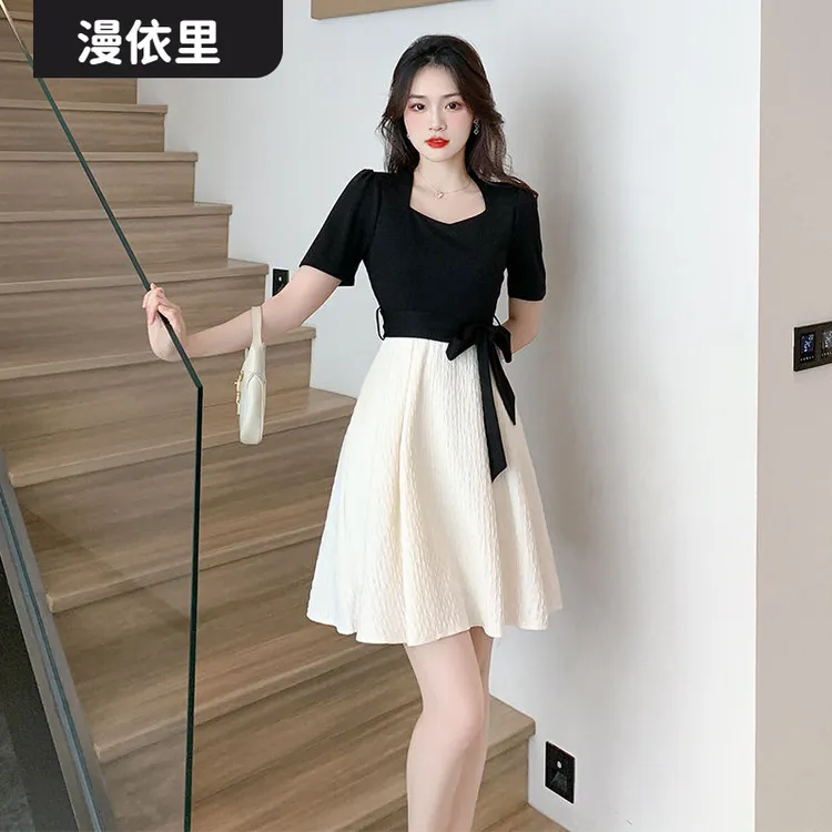 l2025夏装新款梨形身材茶歇法式气质名媛连衣裙女假两件拼接裙lI