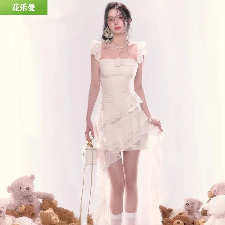 大码胖mm度假法式玫瑰拖尾吊带裙女夏荷叶边不规则A字裙200斤