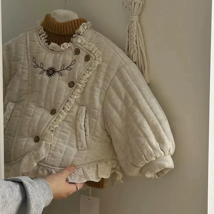 女童套装秋冬新款韩版蕾丝花边刺绣加厚棉衣保暖外套棉服休闲裤子