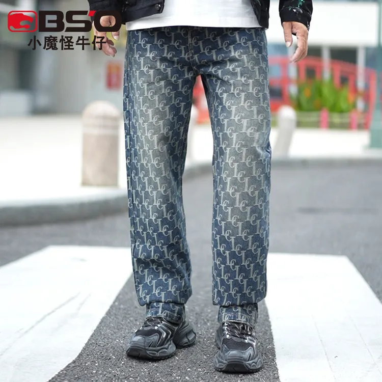 小魔怪秋冬款美式高街字母提花牛仔裤男潮牌宽松直筒百搭长裤子男