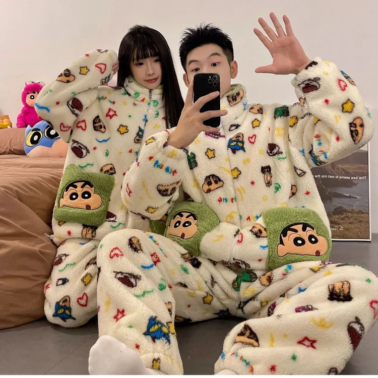 奥美诗嘉蜡笔小新联名情侣睡衣女2025新款秋冬珊瑚绒家居服套装男