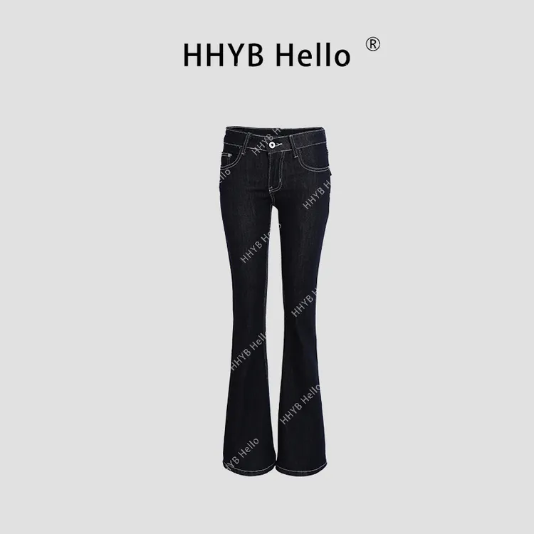 HHYB Hello2025新款黑色复古低腰水洗微喇直腿牛仔裤女Q254051