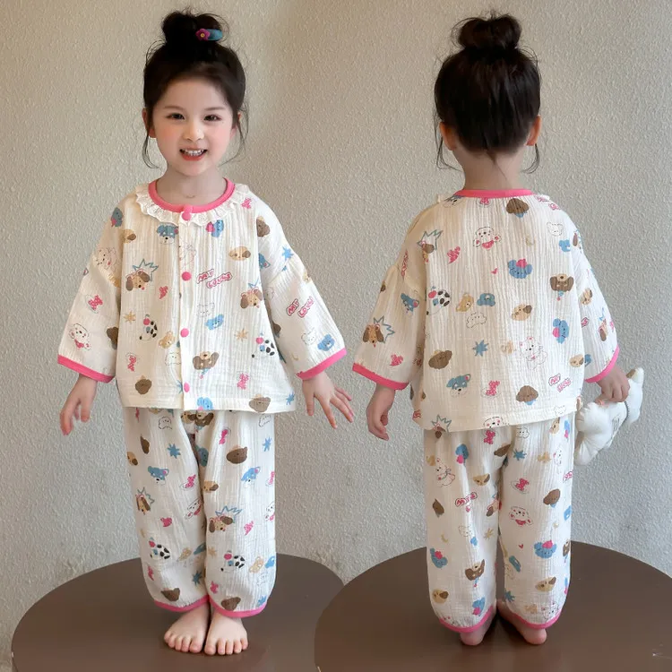 公主风女童睡衣套装A类纯棉纱布花边女孩儿童宝宝开衫家居服分体