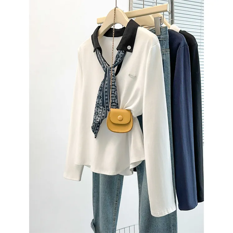 洋气减龄飘带翻领针织衫女2025秋冬新款小众设计感拼接内搭上衣