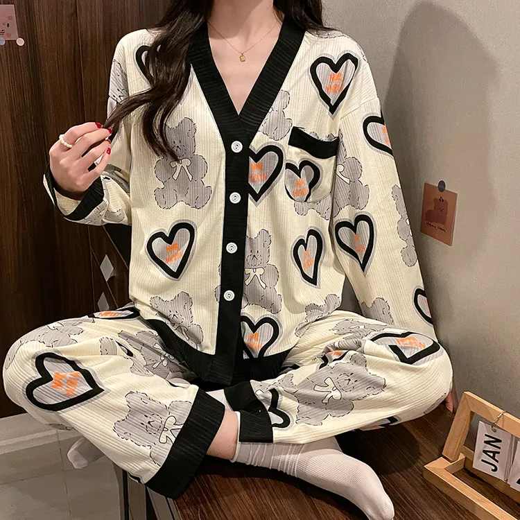 约蒂宾弗纯棉睡衣女春秋长袖印花可爱小熊冬季V领长裤套装家居服