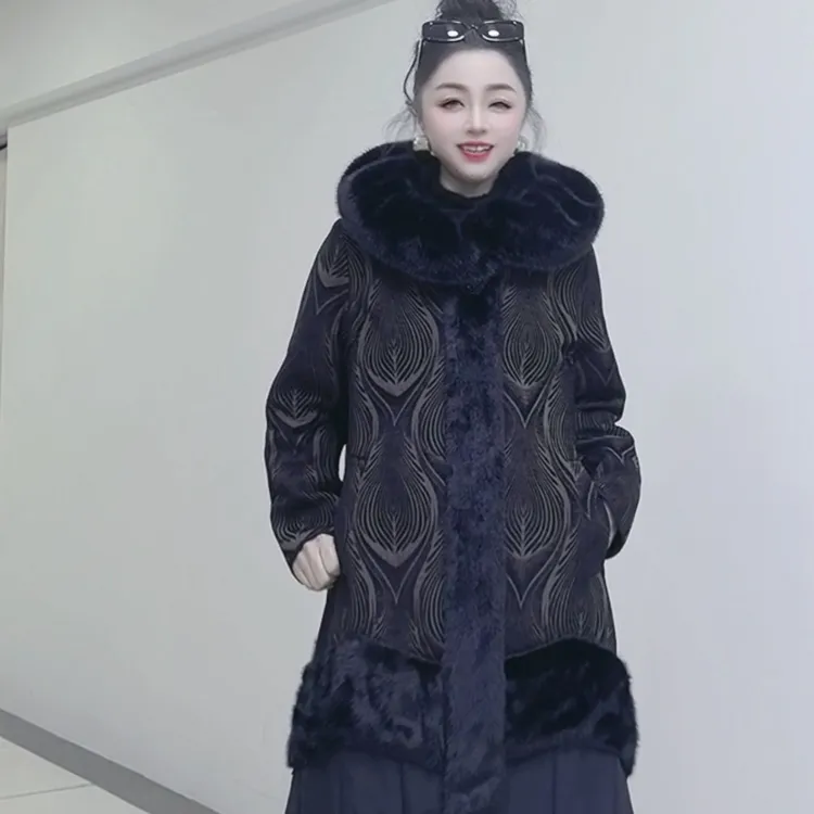 253611咖花大领冬季内加毛加棉时尚洋气长款大衣