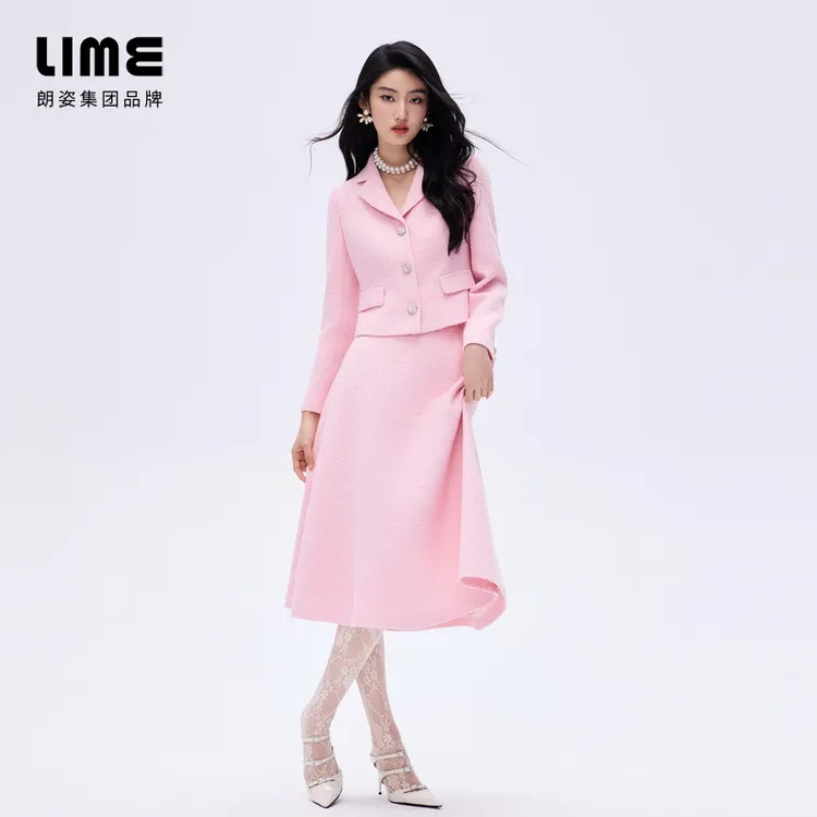 LIME/莱茵【春绮漫舞】法式名媛风翻领粗花呢上衣桃粉LDHADACCJ302