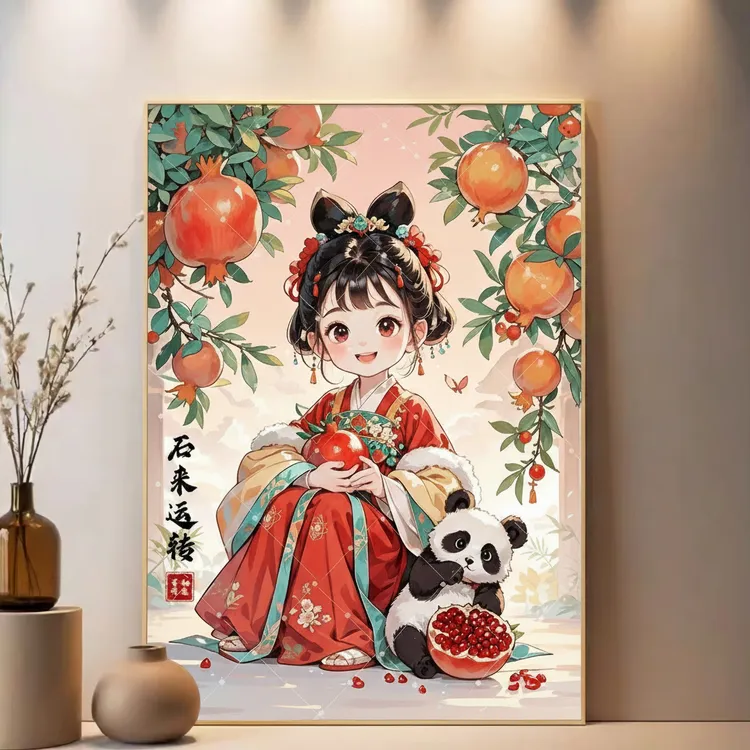 新中式石榴女孩古风数字油画diy填充涂色手工绘治愈系油彩装饰画