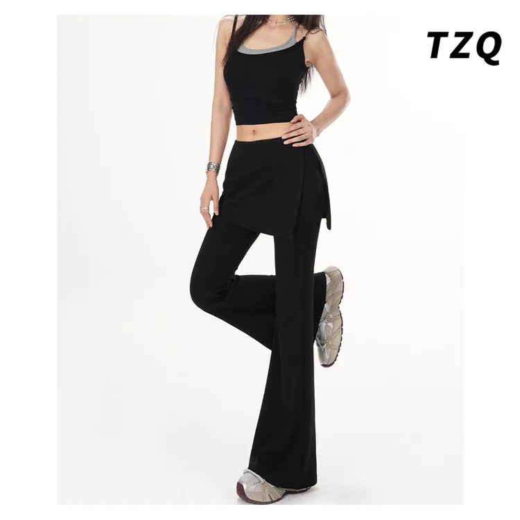 黑色微喇叭裤女秋季高腰修身显瘦假两件屁帘休闲拖地裤TZQ2532403