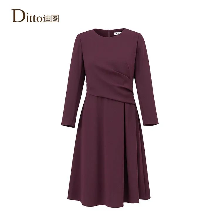 【Ditto】春秋轻奢圆领时尚收腰优雅醋酸中长款女装连衣裙GUCD825