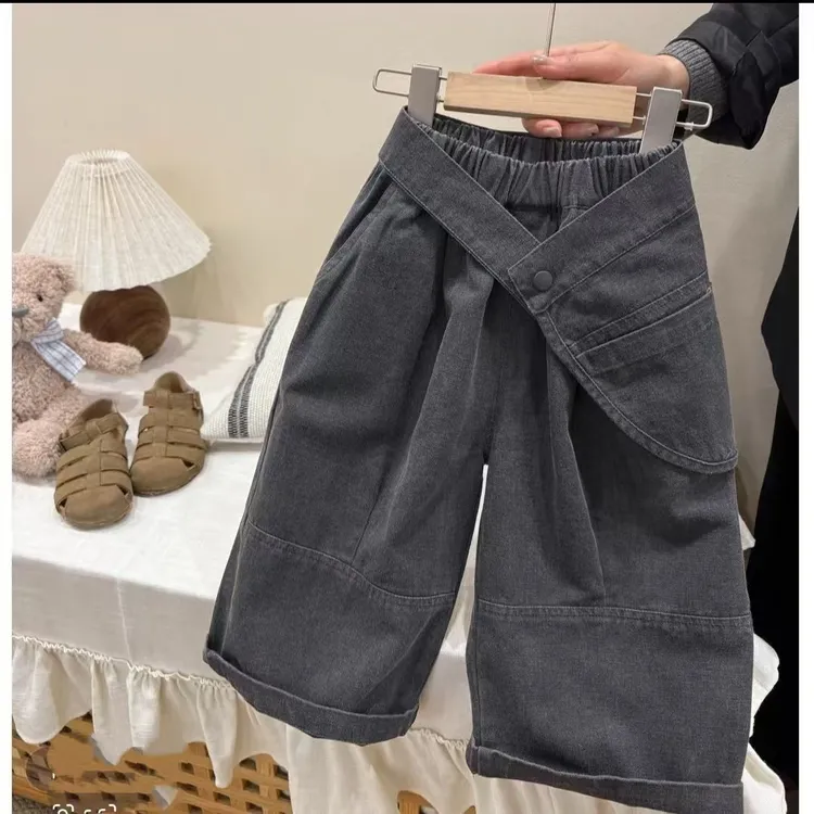 新款春装2025男女童腰包牛仔裤中小童秋季宽松做旧复古长裤阔腿裤