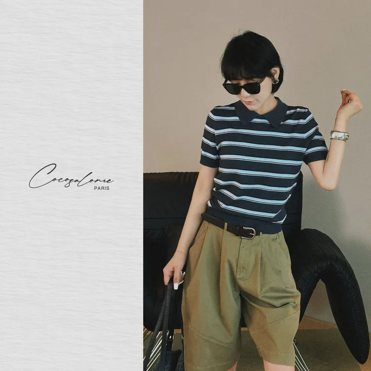 韩彬彬"海盐"蓝灰韵律羊毛混纺复古撞条藏筋骨松弛POLO衫2308-2